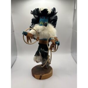 Vintage Kachina Doll Hoop Dancer Feathers Wood Leather - Signed